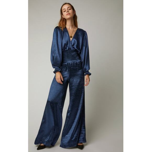 Caroline Constas V Neck Smocked Waist Wide Leg Satin Navy Blue Jumpsuit Small - Picture 1 of 8